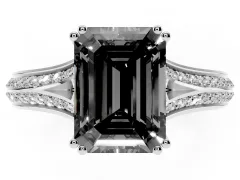 Fancy Black Emerald Cut Diamond Split Shank Pavé Engagement Ring Set in White gold with Prong-Set Center Stone