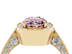 Fancy Pink Oval Cut Diamond Halo Engagement Ring Set in Yellow gold with Accent Split Shank Band