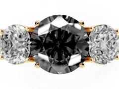 Fancy Black Round Cut Diamond Three-Stone Engagement Ring Set in Yellow gold with Milgrain Pavé Band
