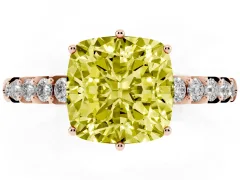 Fancy Yellow Cushion Cut Diamond Solitaire Engagement Ring Set in Rose gold with Pavé Band and Prong Setting