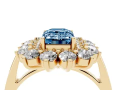 Fancy Blue Emerald Cut Diamond Floral Double Halo Ring Set in Yellow gold with Round Petals