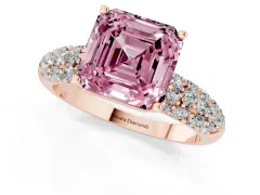 Fancy Pink Asscher Cut Diamond Pavé Band Solitaire Ring Set in Rose gold with Close-Set Accent Stones and Prong Setting