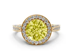 Fancy Yellow Round Cut Diamond Halo Engagement Ring Set in Yellow gold with Accent Split Shank Band