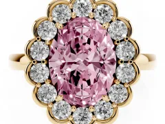 Fancy Pink Oval Cut Diamond Halo Cluster Engagement Ring Set in Yellow gold with Solitaire Band and Prong Setting