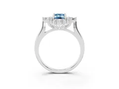 Fancy Blue Emerald Cut Diamond Cluster Halo Ring Set in White gold with Marquise and Round Accents