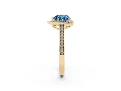 Fancy Blue Heart Cut Diamond Halo Ring Set in Yellow gold with Pavé-Lined Shoulders and Prong Setting