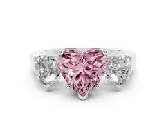 Fancy Pink Heart Cut Diamond Three-Stone Trellis Ring Set in White gold with Comfort Fit Band
