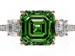 Fancy Green Asscher Cut Diamond Three-Stone Ring Set in Rose gold with Pavé Band and Graduated Sides