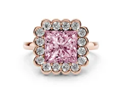 Fancy Pink Princess Cut Diamond Halo Cluster Engagement Ring Set in Rose gold with Solitaire Band and Prong Setting