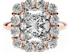 Radiant Cut Diamond Halo Cluster Engagement Ring Set in Rose gold with Polished Band and Prong Setting