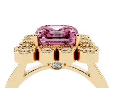 Fancy Pink Asscher Cut Diamond Cluster Halo Ring Set in Yellow gold with Milgrain Bezel Accents and Plain Band