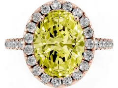 Fancy Yellow Oval Cut Diamond Pavé Halo Engagement Ring Set in Rose gold with Pavé Band and Prong Setting