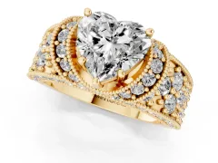 Heart Cut Diamond Milgrain Halo Pavé Engagement Ring Set in Yellow gold with Prong Setting