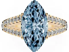 Fancy Blue Marquise Cut Diamond Split Shank Pavé Engagement Ring Set in Yellow gold with Prong-Held Center Stone