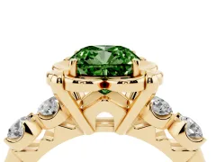 Fancy Green Cushion Cut Diamond Floral Halo Ring Set in Yellow gold with Shared Prong Band