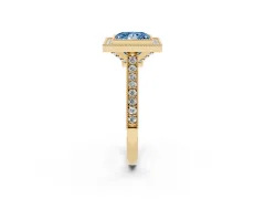 Fancy Blue Princess Cut Diamond Halo Milgrain Pavé Band Ring Set in Yellow gold with Prong Setting