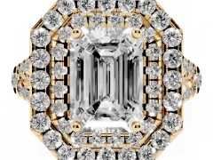 Emerald Cut Diamond Double Halo Ring Set in Yellow gold with Pavé Split Shank and Prong Setting