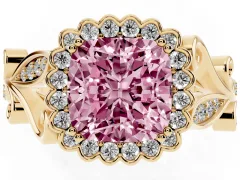 Fancy Pink Cushion Cut Diamond Halo Ring Set in Yellow gold with Leaf Motif Split Shank and Prong Setting