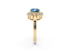 Fancy Blue Princess Cut Diamond Milgrain Halo Solitaire Ring Set in Yellow gold with Bezel Set Side Stones and Pavé Band
