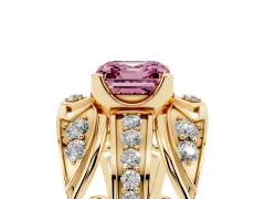 Fancy Pink Asscher Cut Diamond Art Deco Ring Set in Yellow gold with Pavé Split Shank
