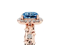 Fancy Blue Cushion Cut Diamond Halo Ring Set in Rose gold with Filigree Leaf Band and Prong Setting