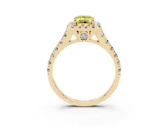 Fancy Yellow Emerald Cut Diamond Halo Engagement Ring Set in Yellow gold with Pavé Band and Prong-Set Center