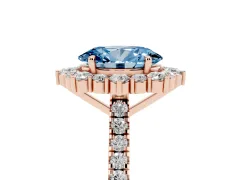 Fancy Blue Oval Cut Diamond Halo Ring Set in Rose gold with Pavé Band and Prong Setting