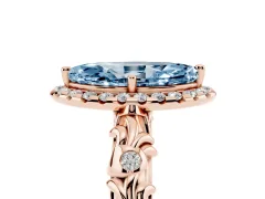 Fancy Blue Marquise Cut Diamond Halo Ring Set in Rose gold with Filigree Leaf Band and Prong Setting
