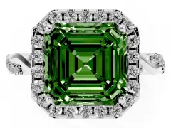 Fancy Green Asscher Cut Diamond Halo Twist Band Solitaire Ring Set in Platinum with Prong Setting