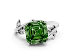 Fancy Green Asscher Cut Diamond Solitaire Twist Engagement Ring Set in Platinum with Pavé Leaf Accents