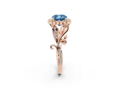 Fancy Blue Cushion Cut Diamond Halo Ring Set in Rose gold with Leaf Motif Split Shank and Prong Setting