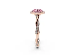 Fancy Pink Round Cut Diamond Halo Twist Band Solitaire Ring Set in Rose gold with Prong Setting
