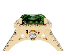 Fancy Green Asscher Cut Diamond Halo Engagement Ring Set in Yellow gold with Pavé Band and Prong-Set Center