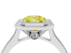 Fancy Yellow Radiant Cut Diamond Halo Milgrain Pavé Band Ring Set in Platinum with Prong Setting