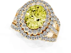 Fancy Yellow Oval Cut Diamond Double Halo Ring Set in Yellow gold with Round Pavé Split Shank