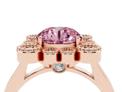 Fancy Pink Round Cut Diamond Cluster Halo Ring Set in Rose gold with Milgrain Bezel Accents and Plain Band