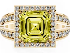 Fancy Yellow Asscher Cut Diamond Halo Ring Set in Yellow gold with Double Pavé Split Shank
