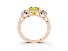 Fancy Yellow Princess Cut Diamond Three-Stone Ring Set in Rose gold with Round Side Stones and Classic Band
