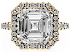 Asscher Cut Diamond Halo Ring Set in Yellow gold with Pavé Shoulders and Halo-Framed Center