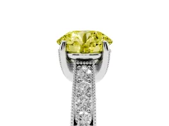 Fancy Yellow Round Cut Diamond Solitaire Ring Set in Platinum with Milgrain-Edged Pavé Band and Prong Setting