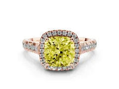 Fancy Yellow Cushion Cut Diamond Halo Engagement Ring Set in Rose gold with Pavé Band and Prong-Set Center