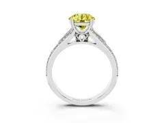 Fancy Yellow Round Cut Diamond Split Shank Pavé Engagement Ring Set in White gold with Prong-Set Center Stone