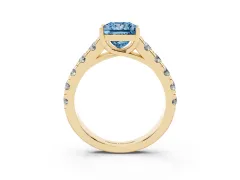 Fancy Blue Princess Cut Diamond Solitaire Ring Set in Yellow gold with Cut-Down Micro Pavé Band and Prong Setting
