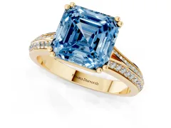 Fancy Blue Asscher Cut Diamond Split Shank Pavé Engagement Ring Set in Yellow gold with Prong-Set Center Stone