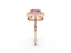 Fancy Pink Radiant Cut Diamond Halo Ring Set in Rose gold with Accent-Lined Split Shank and Prong Setting