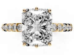 Radiant Cut Diamond Solitaire Engagement Ring Set in Yellow gold with Pavé Band and Prong Setting
