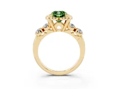 Fancy Green Cushion Cut Diamond Floral Halo Ring Set in Yellow gold with Shared Prong Band