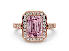 Fancy Pink Emerald Cut Diamond Milgrain Halo Solitaire Ring Set in Rose gold with Bezel Set Side Stones and Pavé Band