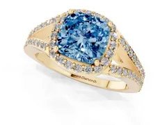 Fancy Blue Cushion Cut Diamond Halo Split Shank Pavé Ring Set in Yellow gold with Prong Setting
