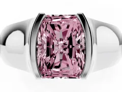 Fancy Pink Radiant Cut Diamond Bezel Solitaire Ring Set in Platinum with Wide Band